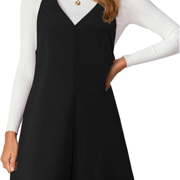 2025 Fall Women's V Neck Corduroy Overall Mini Pinafore Dress in Black - Large - Picture 1 of 5